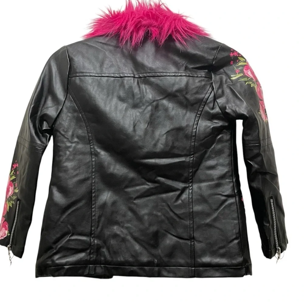 Betsey Johnson EUC Girls size 7/8 adorable faux leather moto jacket fleece lined